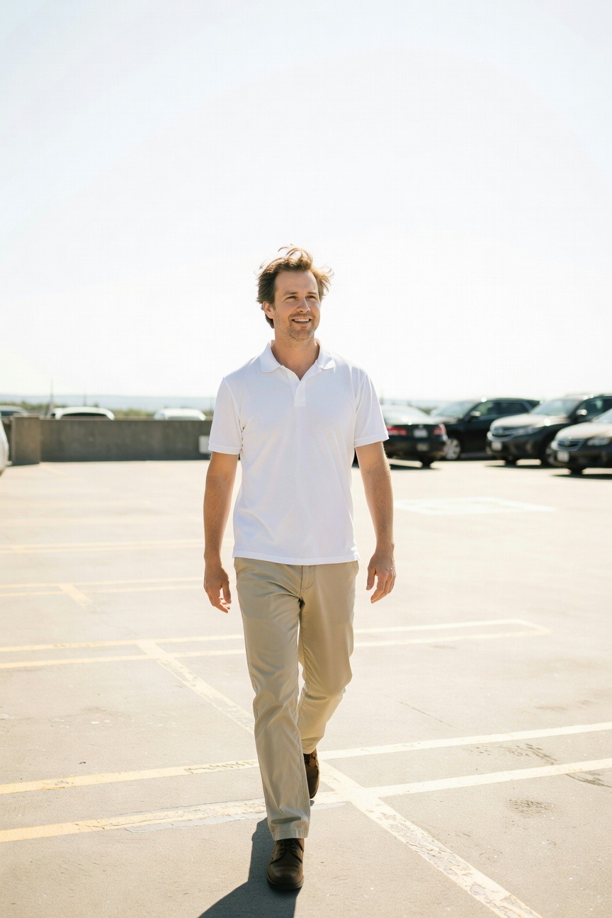 Man in white short-sleeve polo shirt and light beige chinos walking casually across a sunny seaside parking lot, brown loafers on feet, ocean view in background