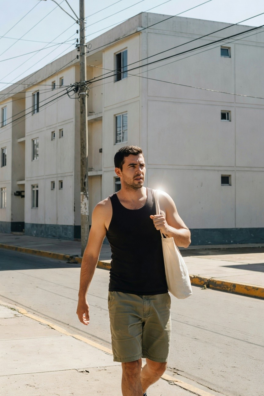 Man walking on sunny urban sidewalk wearing black sleeveless tank top, light khaki cargo shorts, and beige canvas tote bag, with white apartment buildings and power lines in background