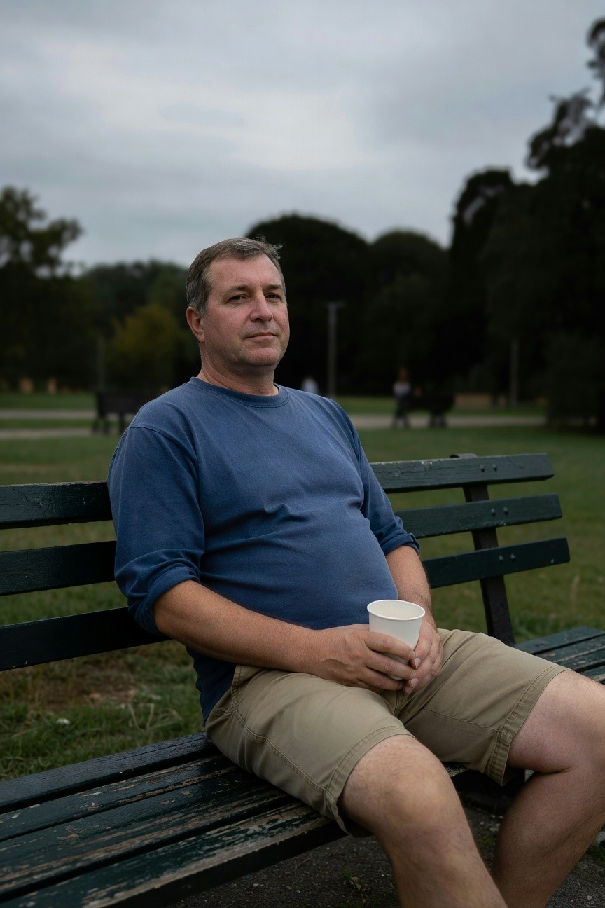 Middle-aged man in loose navy blue long-sleeve t-shirt and khaki knee-length shorts sits relaxed on wooden park bench holding paper cup, cloudy park background with trees and path.