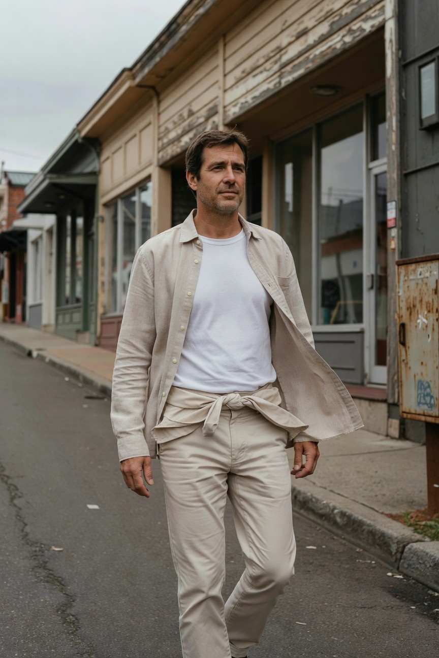 Man in open beige linen shirt over white t-shirt and matching beige linen pants, walking casually on urban street with weathered buildings in background