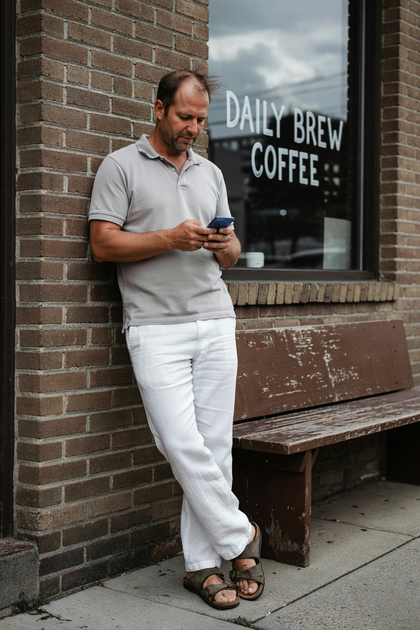 Man in light gray short-sleeve polo shirt, white linen pants, and tan strap sandals leans casually against brick wall outside Daily Brew coffee shop window, holding phone in one hand and coffee cup visible nearby on overcast day