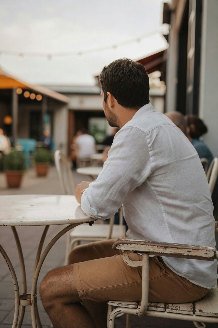 Side profile of man in long-sleeve white linen shirt and beige khaki shorts seated at outdoor cafe table, relaxed posture amid potted plants and evening lights