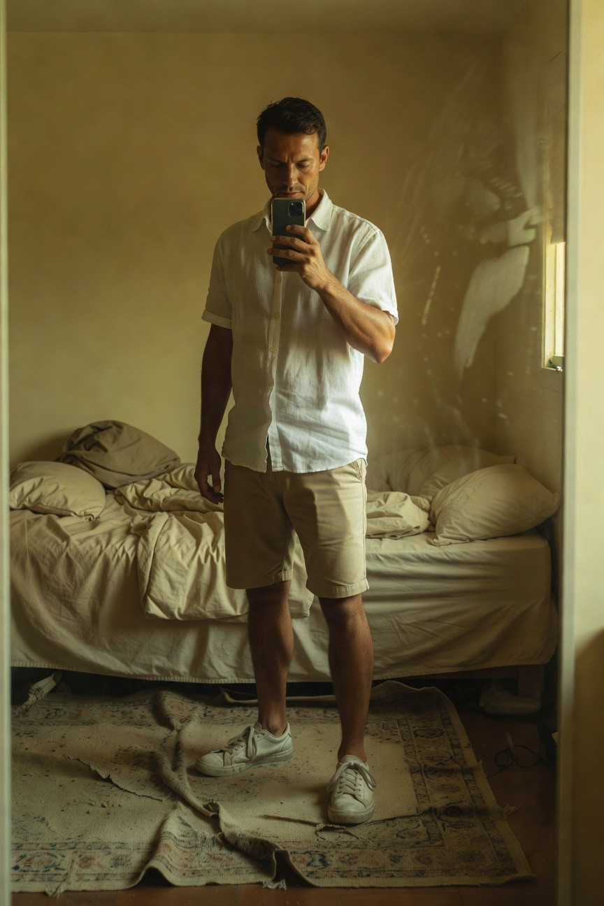 A man takes a selfie in a sparsely furnished room with beige walls and a rumpled bed; he wears a loose white short-sleeve button-up shirt, light khaki knee-length shorts, and white sneakers on a patterned rug, conveying casual summer minimalism.