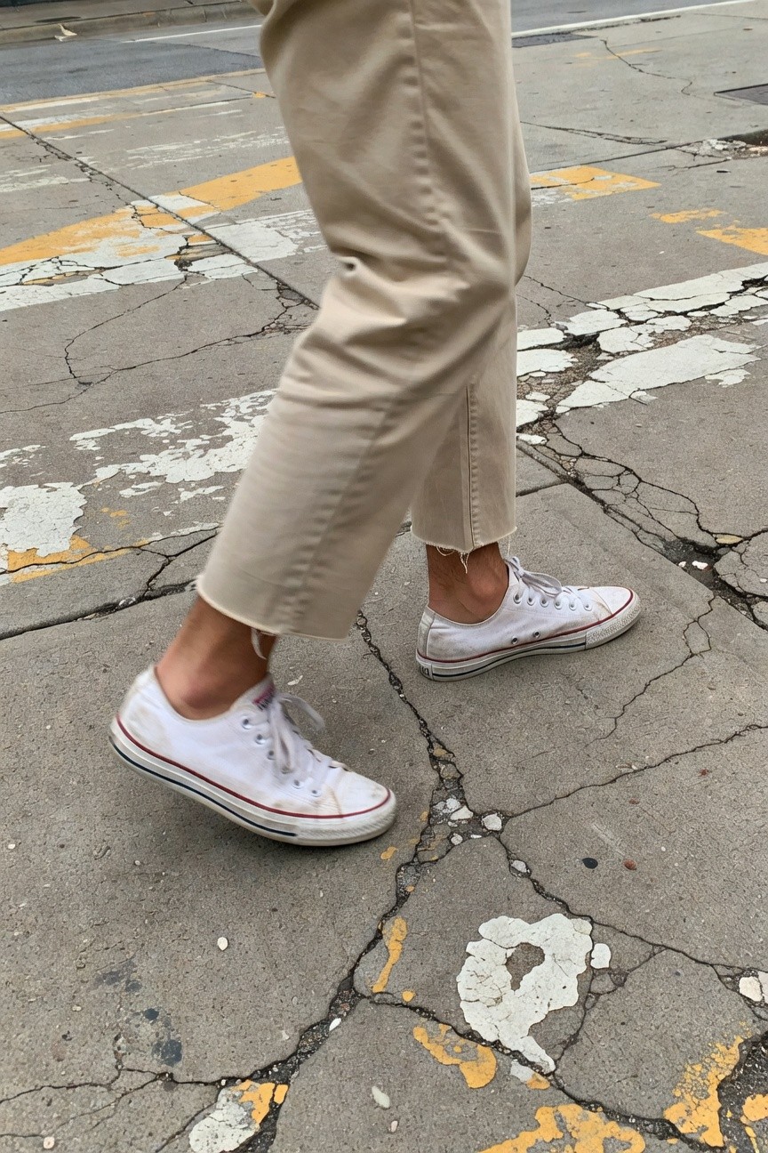 Close-up street shot of light beige cropped khaki pants with frayed hems over white Converse sneakers on weathered asphalt with yellow markings