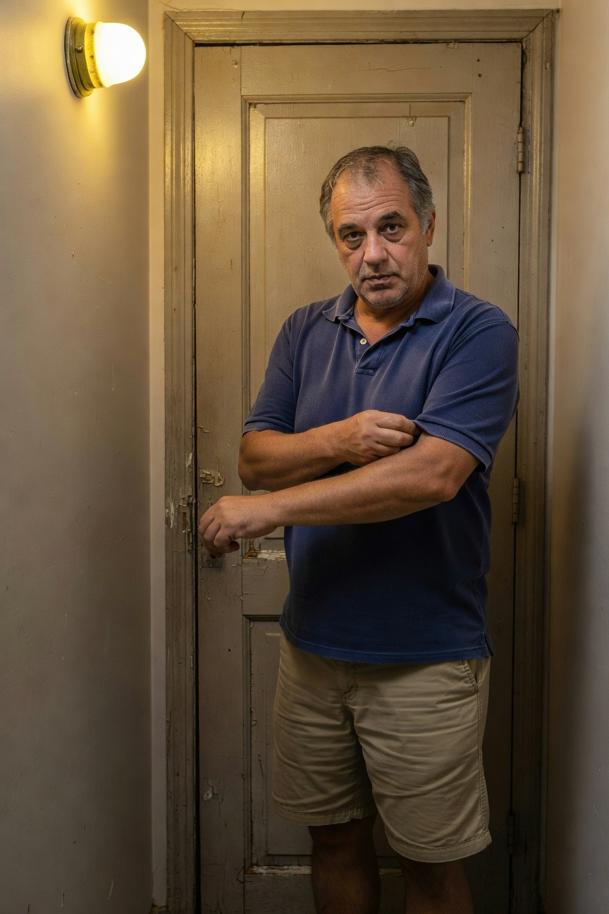 Older man with graying hair stands confidently in a narrow hallway by a weathered wooden door lit by a glowing wall lamp, wearing a fitted navy short-sleeve polo shirt tucked loosely into mid-thigh khaki shorts, arms crossed casually evoking calm minimal summer style