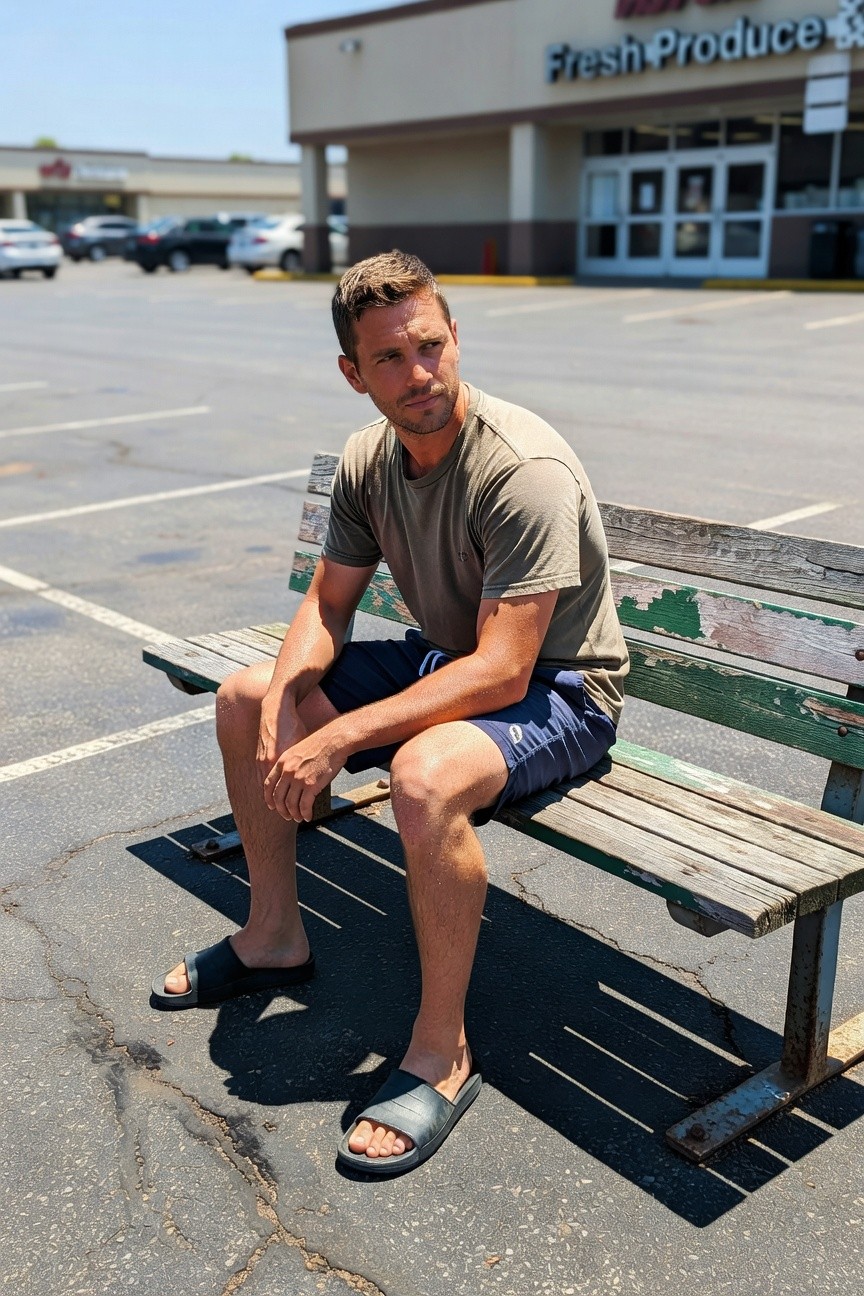 A casually dressed man with short hair sits relaxed on a weathered green bench in a sunny parking lot outside a Fresh Produce store, wearing a faded olive short-sleeve t-shirt, navy knee-length shorts, and black slide sandals, legs crossed and hands clasped.