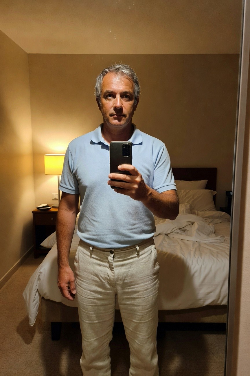 Middle-aged man with silver hair in a light blue short-sleeve polo shirt and loose white linen pants, taking a mirror selfie in a warmly lit bedroom with rumpled bed in background