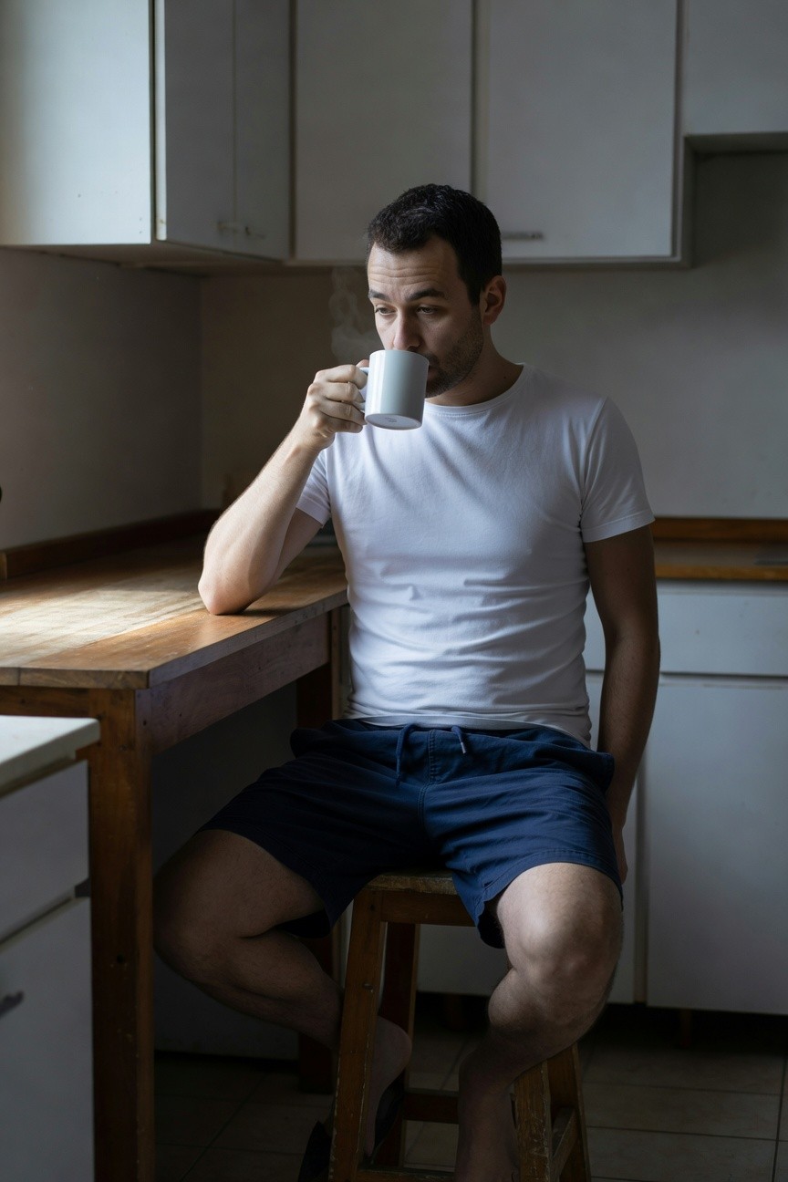 Man in white t-shirt and navy shorts sits barefoot on kitchen stool holding coffee mug, natural light highlighting minimal summer casual vibe