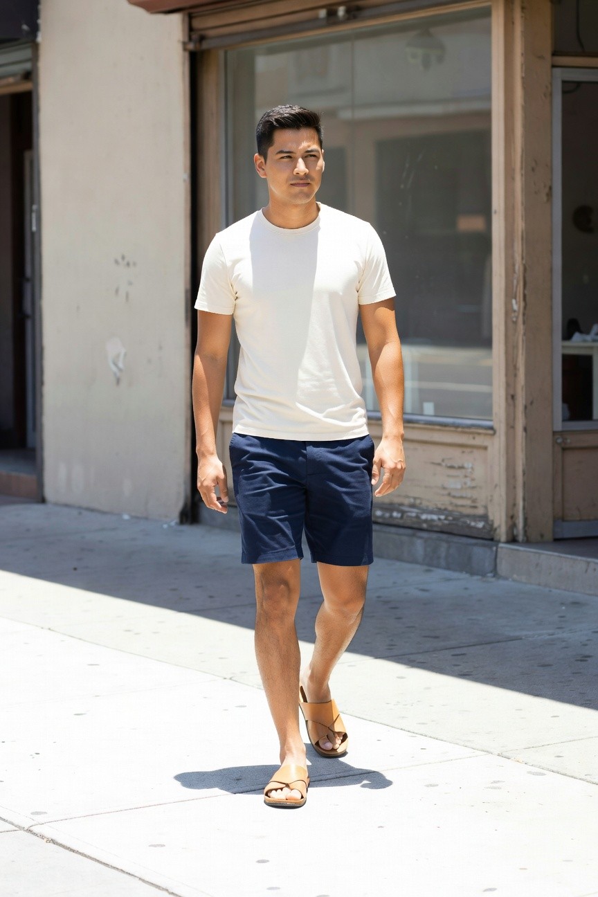 A fit man in his 30s walks confidently on a sunny city sidewalk, dressed in a crisp white short-sleeved cotton t-shirt, tailored navy knee-length shorts, and simple tan leather strap sandals, with urban buildings and shadows in the background.