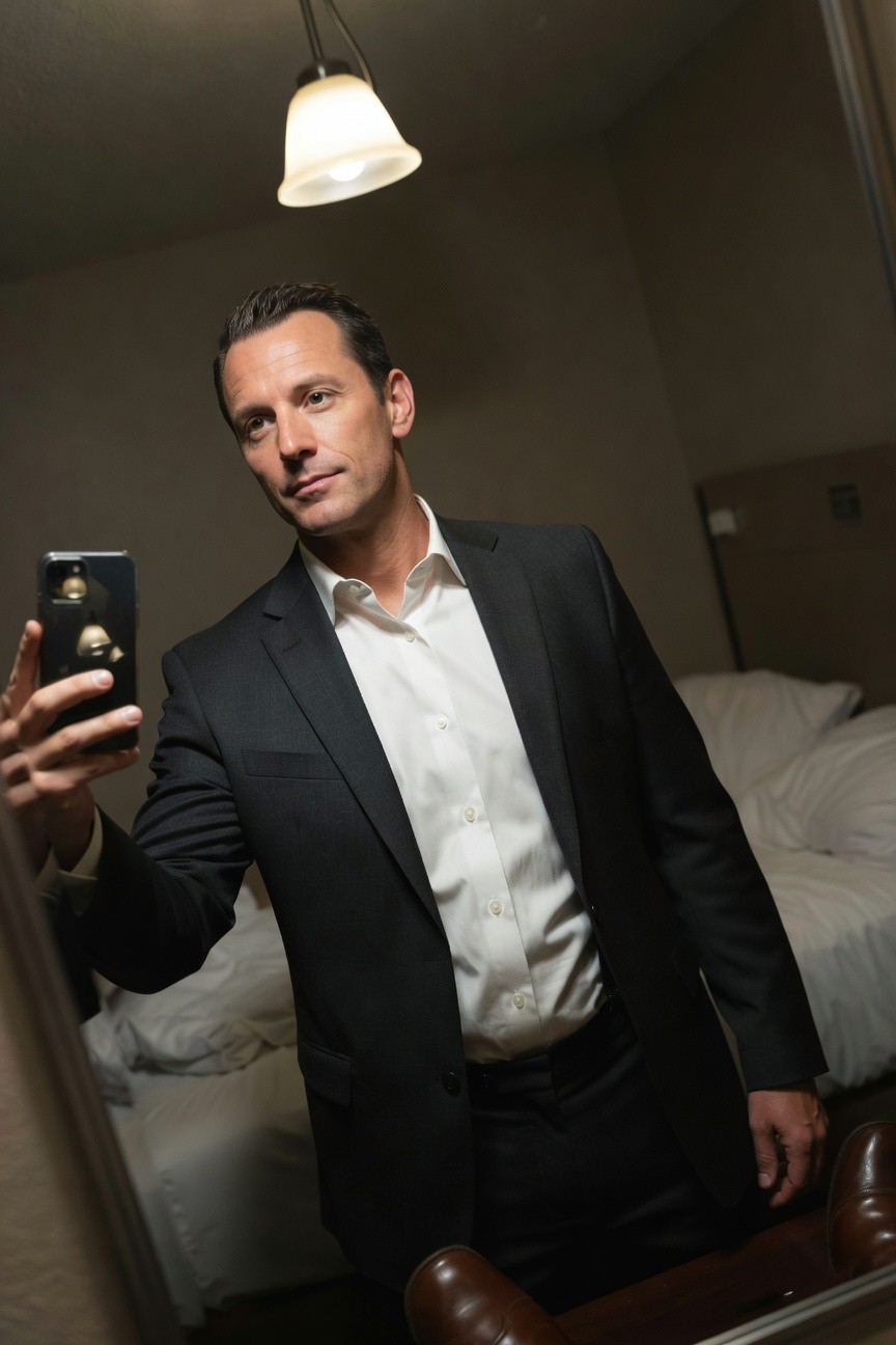Man in slim black suit jacket, white dress shirt, black trousers, and brown leather loafers taking a mirror selfie in a hotel room