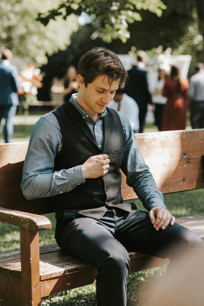 Man in light blue chambray shirt, black vest, and black trousers seated on wooden bench, adjusting cuff at outdoor event