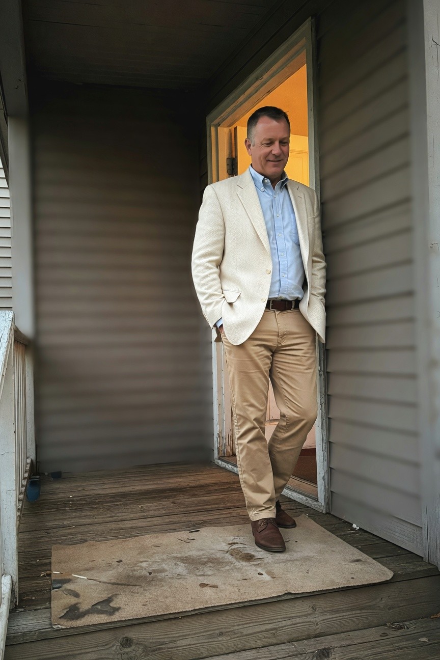 Man in cream blazer, light blue shirt, khaki pants, brown belt and shoes standing casually on porch for country formal look