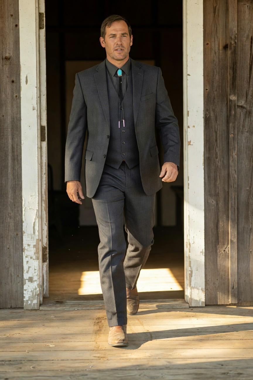 Man in charcoal gray three-piece suit with black shirt and turquoise bolo tie walking through wooden doorway, brown loafers on wooden porch
