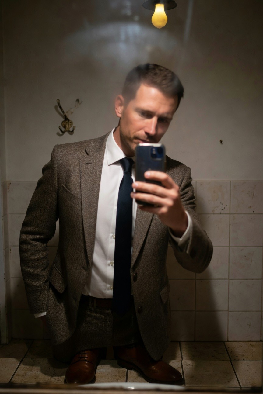 Man kneeling in tiled bathroom taking selfie in brown herringbone tweed suit jacket over white dress shirt and navy tie, with matching trousers and brown dress shoes