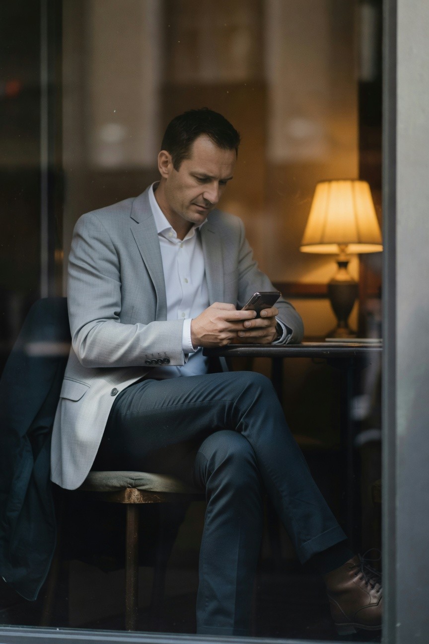 Man in light gray blazer, white dress shirt, slim dark gray trousers, and brown oxford shoes, seated at a cafe table holding a phone