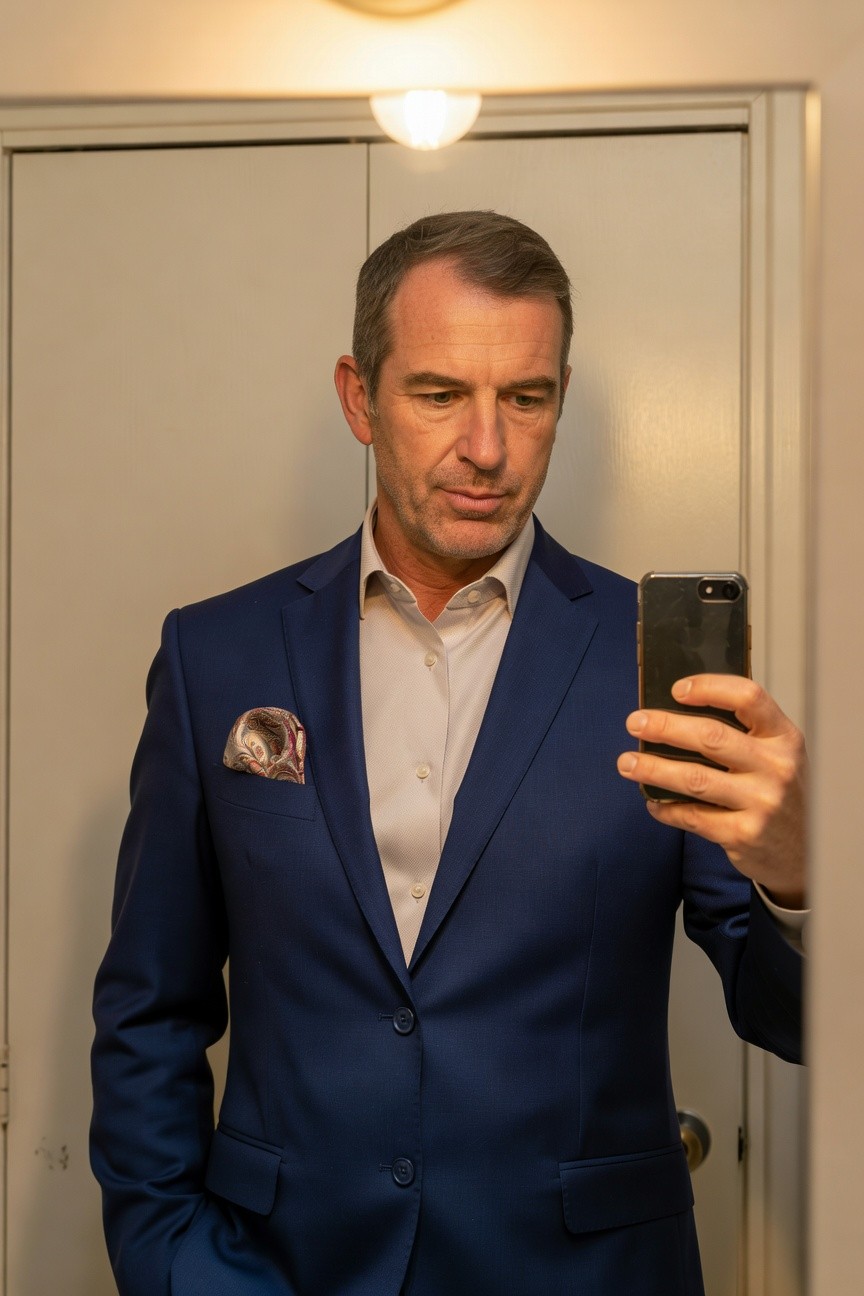 Man in slim navy blue suit jacket and trousers, white dress shirt with open collar, patterned pocket square, taking selfie in mirror against plain door