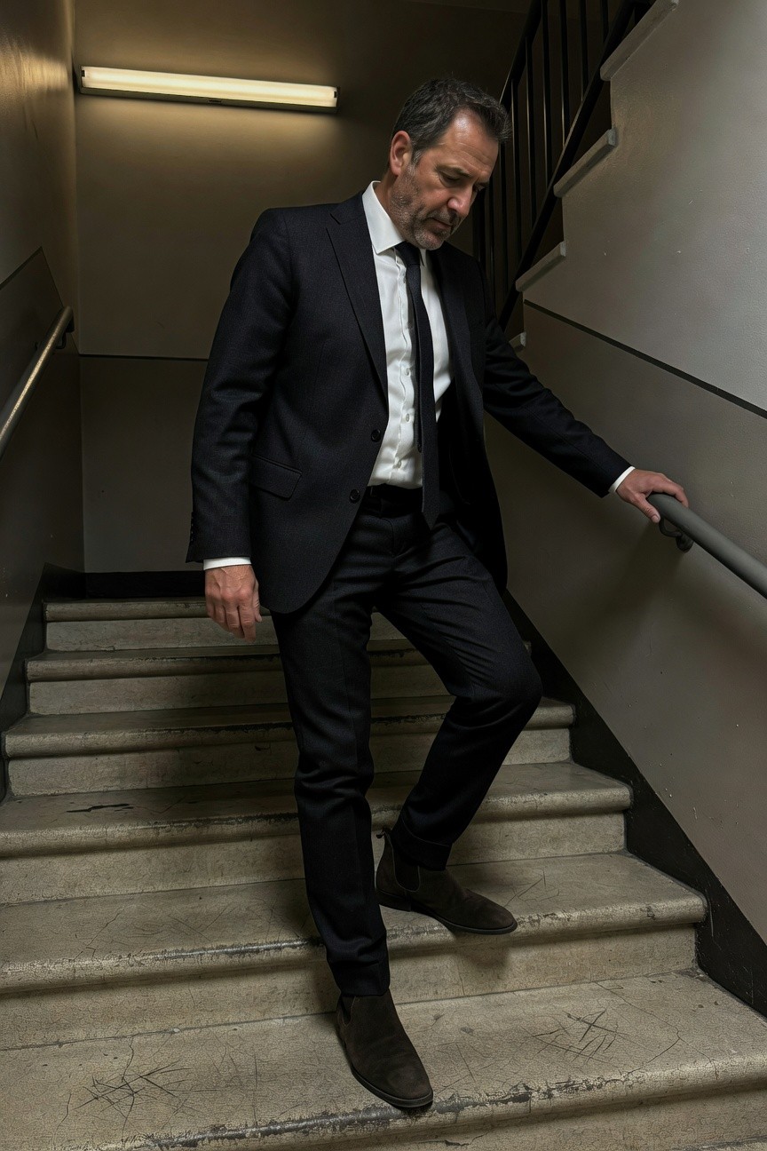 Middle-aged man in slim dark suit jacket, white dress shirt, skinny dark tie, matching trousers, and brown loafers, walking down concrete stairs holding metal railing indoors.