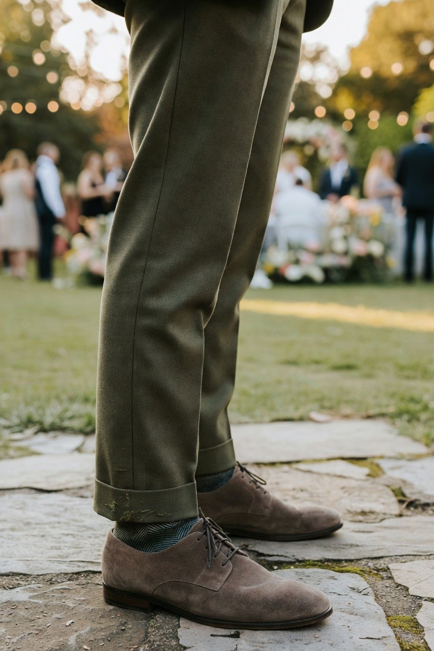Close-up of a man's slim olive green tailored trousers with cuffed hems over brown suede lace-up loafers and light socks, styled for country formal outdoor events