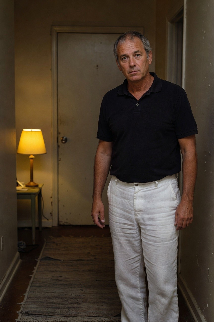 Middle-aged man in black short-sleeve polo shirt and wide white linen pants stands confidently in a warmly lit narrow hallway with worn door and side table lamp