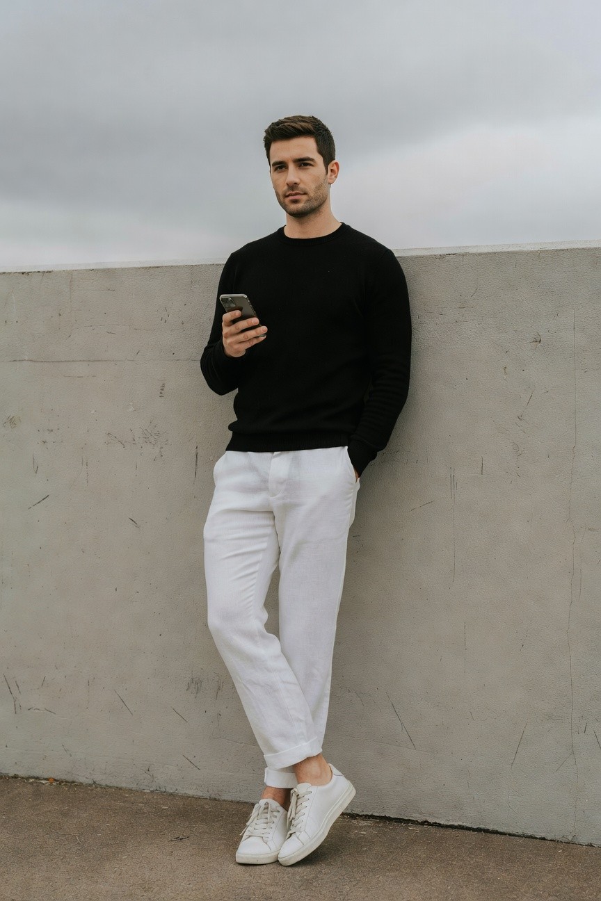 Handsome man in black crewneck sweater and white linen pants leans against a concrete wall under cloudy skies, holding phone, white sneakers, modern relaxed style