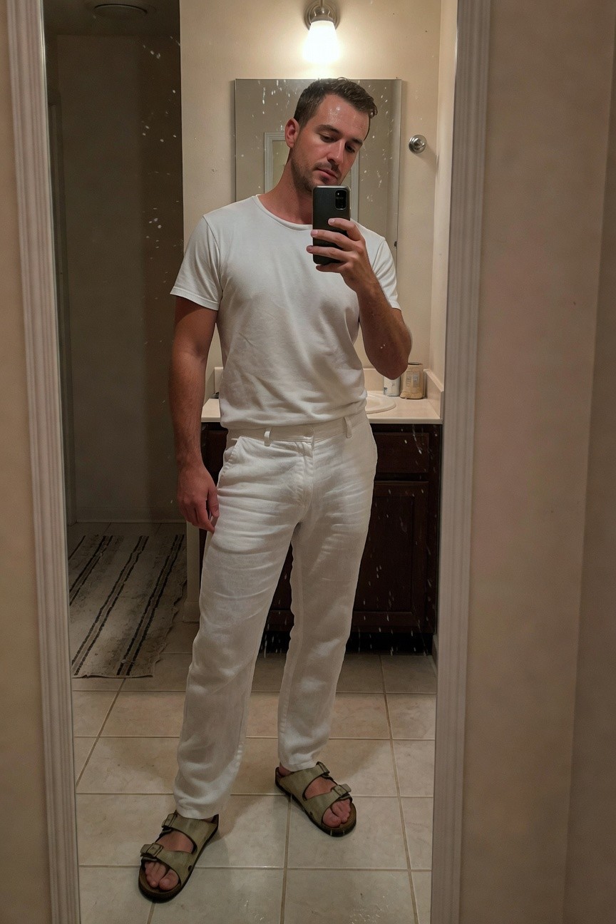 Man in bathroom mirror selfie wearing fitted white t-shirt, loose white linen pants, and brown leather strap sandals, standing casually on tiled floor with sink and towel in background