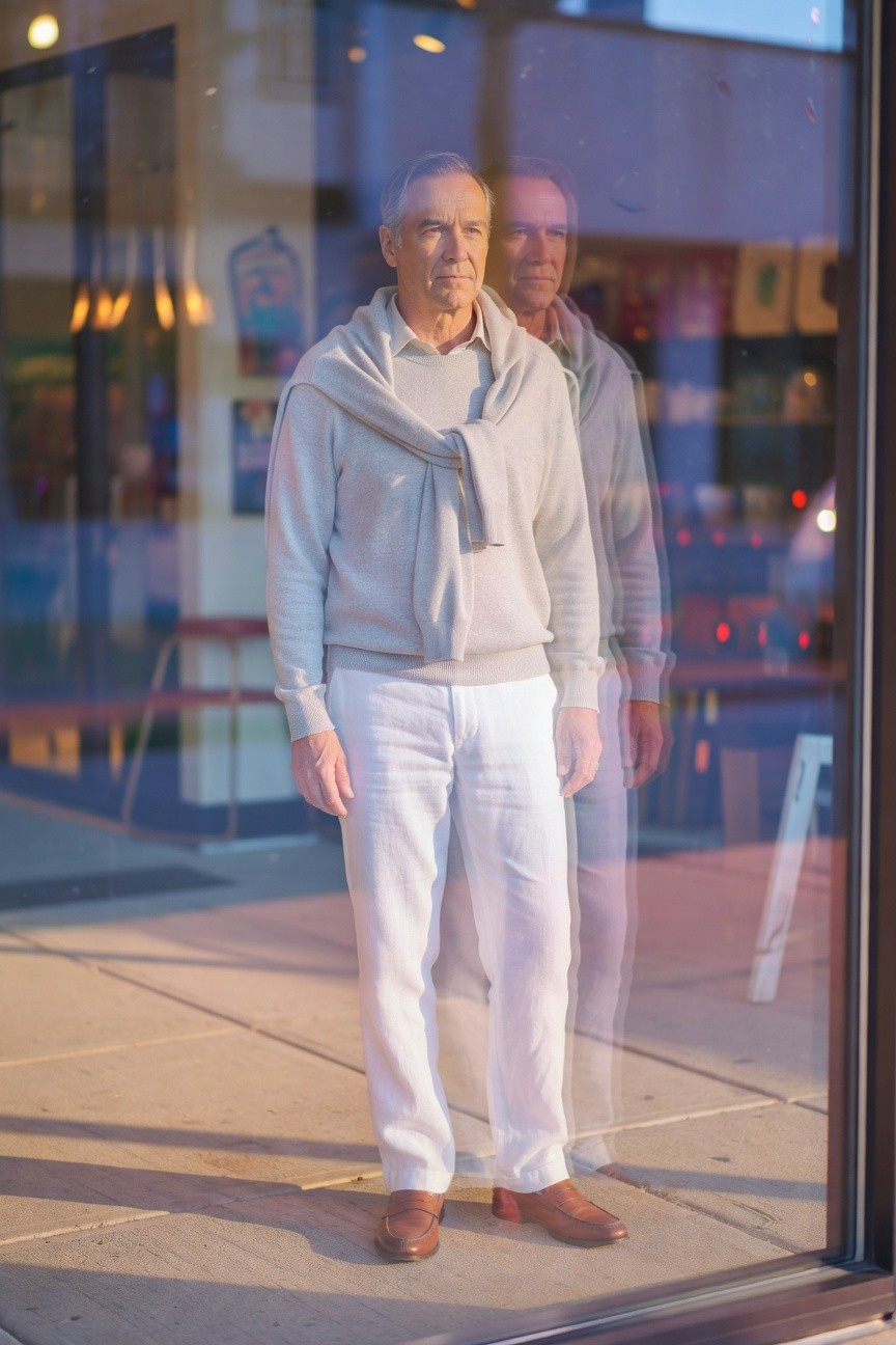Silver-haired man in his 60s stands confidently outside a sunlit storefront window at dusk, wearing a light gray shawl-collar sweater casually draped over shoulders, slim white linen trousers, and polished brown loafers, with his reflection mirrored ethereally in the glass behind him