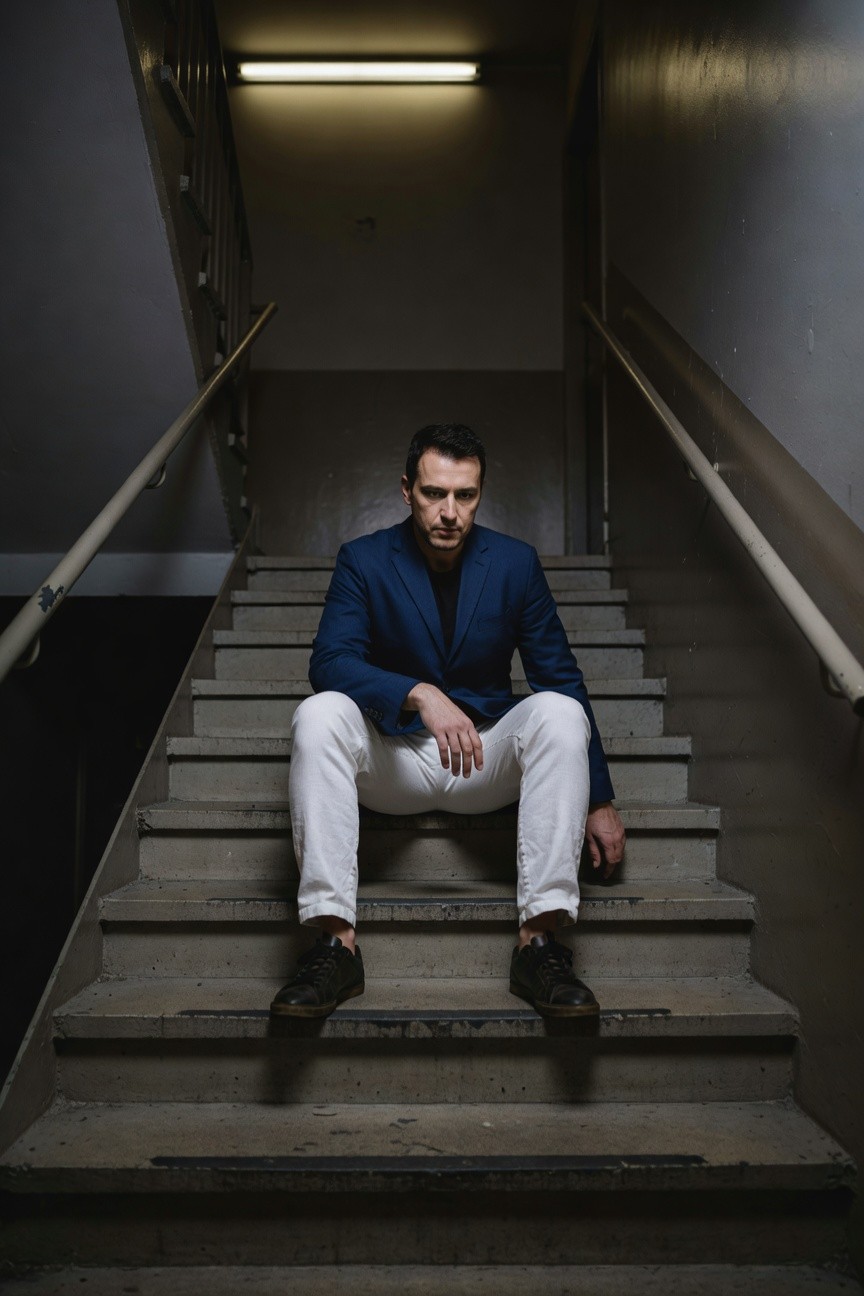Man in navy blue blazer and white pants sits casually on dimly lit concrete stairs, black shoes on steps, dramatic low lighting from overhead fluorescent.