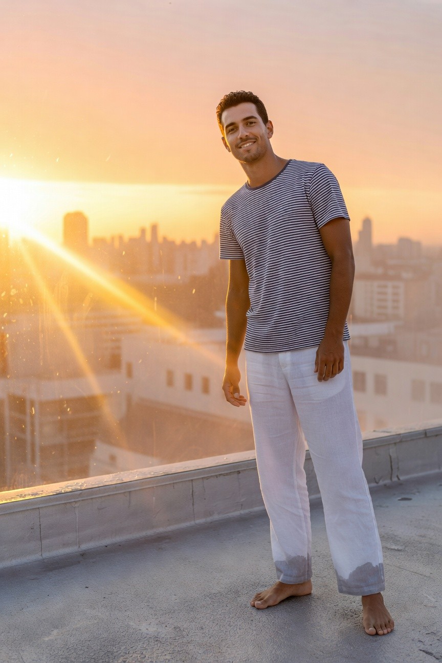 Smiling man with short dark hair stands barefoot on a city rooftop at sunset, wearing a light gray striped short-sleeve t-shirt tucked loosely into wide-leg white linen pants, golden sunlight rays highlighting the outfit against urban skyline backdrop