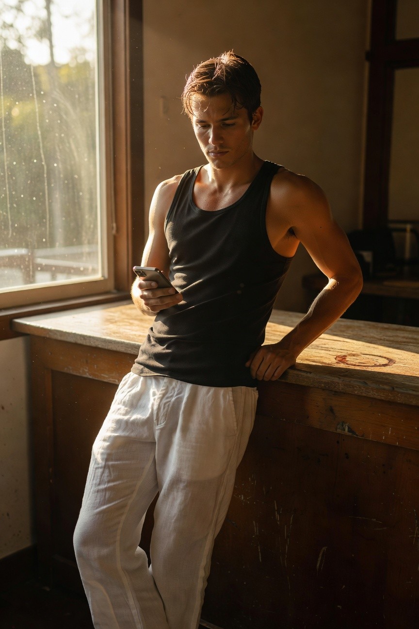 Handsome man in slim black tank top and loose white linen pants leans casually against a wooden counter in a sunlit room with large window, relaxed summery vibe
