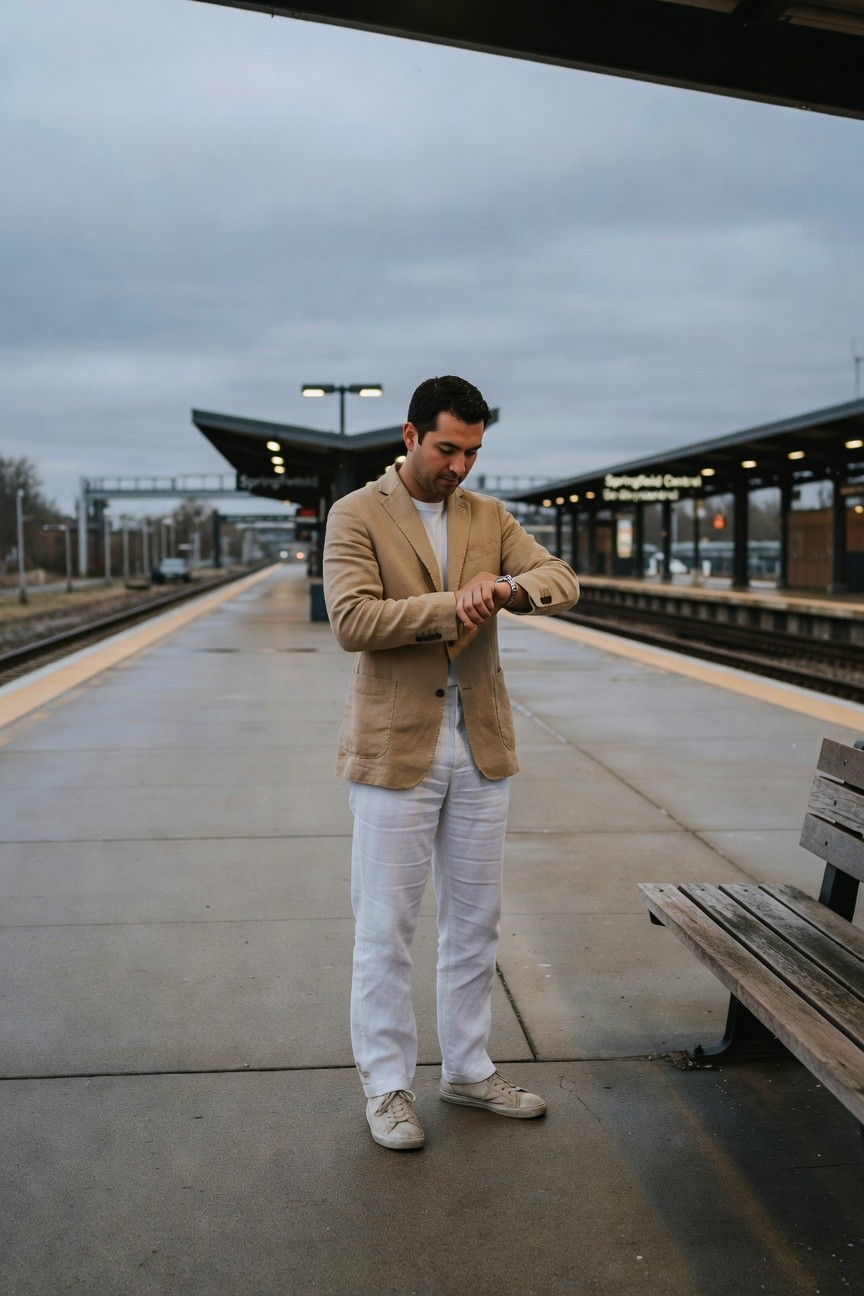 A man in a beige linen blazer, cream shirt, white linen pants, and white loafers stands on a train platform checking his watch under a cloudy sky, evoking relaxed sophistication.