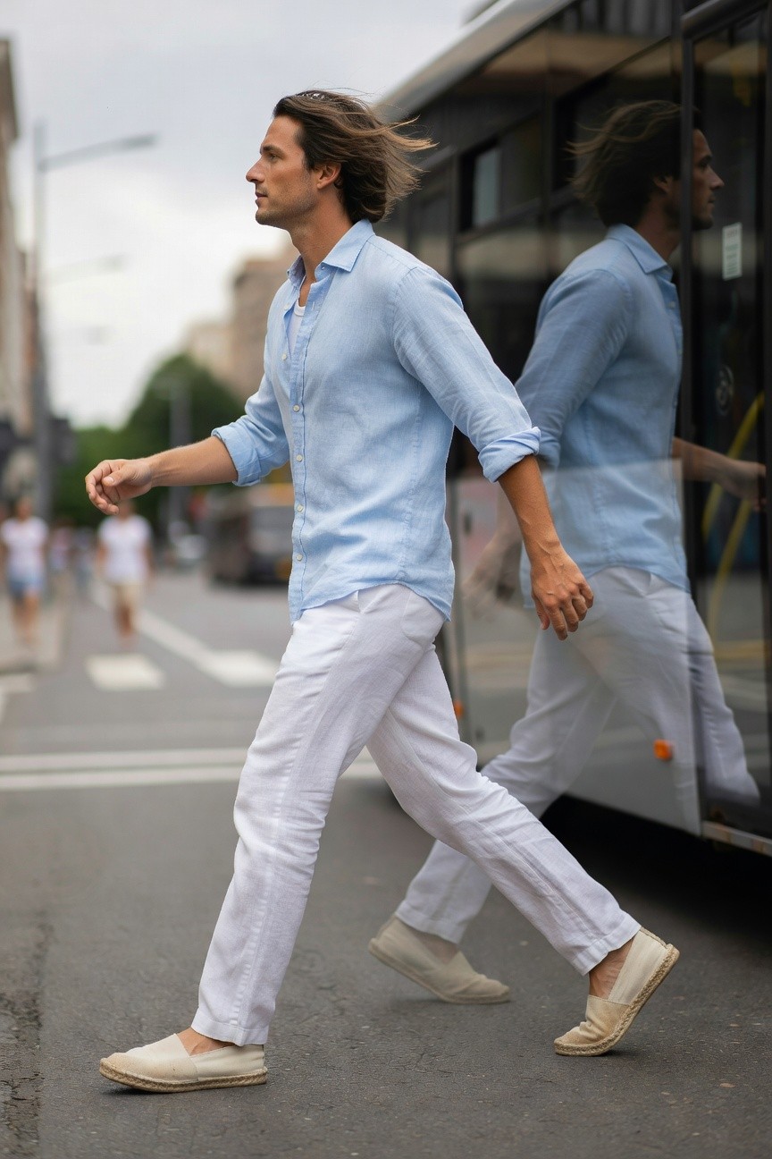 Stylish man with flowing dark hair in light blue linen shirt unbuttoned at neck, rolled sleeves, white linen pants, and white espadrilles, striding past a city bus on a sunny urban street with blurred pedestrians in background