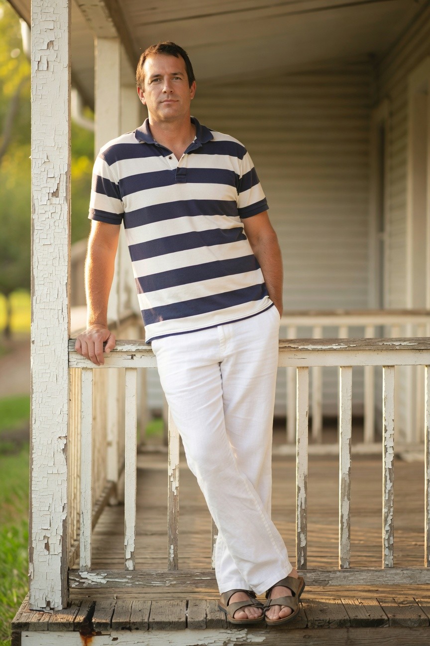 Man in navy-and-white striped short-sleeve polo shirt leaning casually on weathered white porch railing, wearing loose white linen pants and tan woven sandals, green yard and porch steps behind in soft sunlight