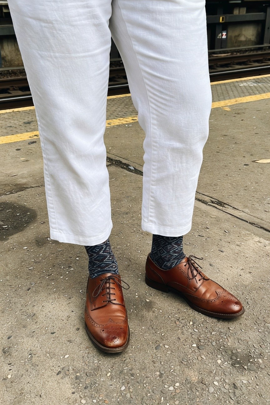 Close-up of white cropped linen pants on a man at an urban train platform, revealing navy patterned socks and polished brown leather brogues on wet concrete amid yellow lines and tracks