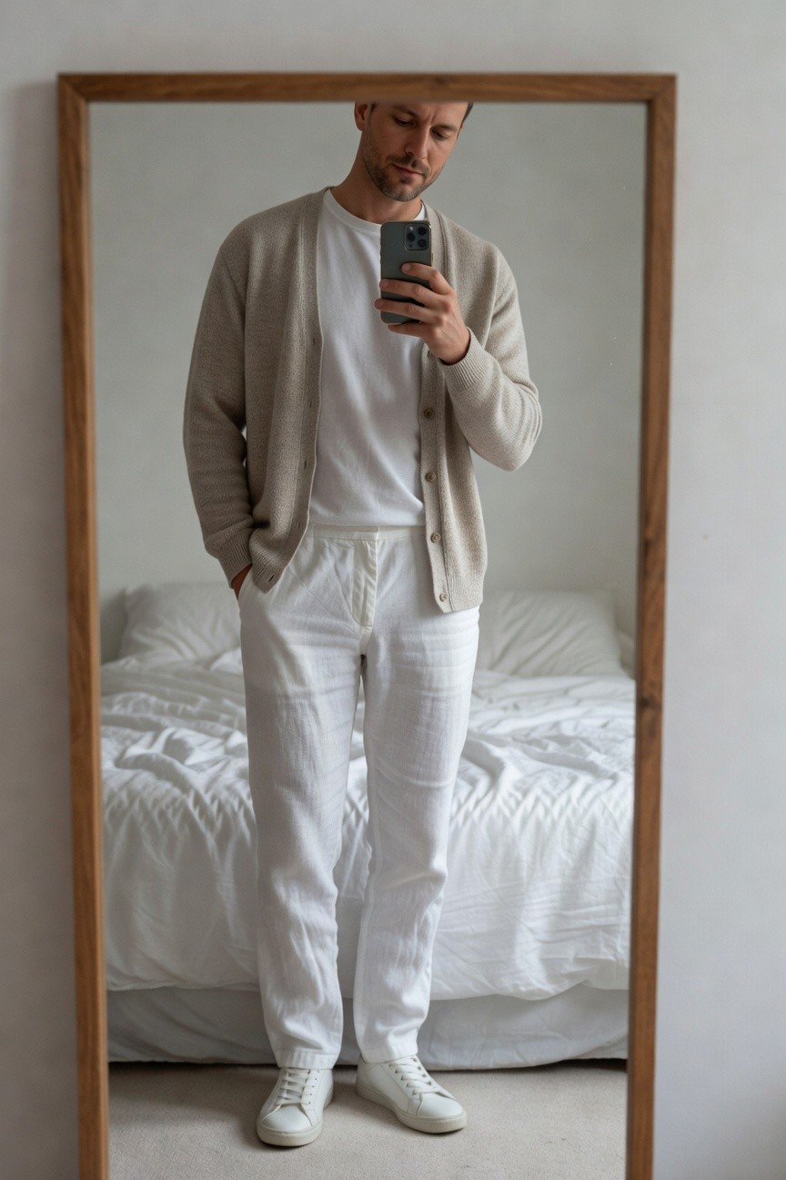 Man in an open beige cardigan over a white t-shirt, white linen pants, and white sneakers, posing casually in front of a wooden mirror in a bedroom with white bedding visible