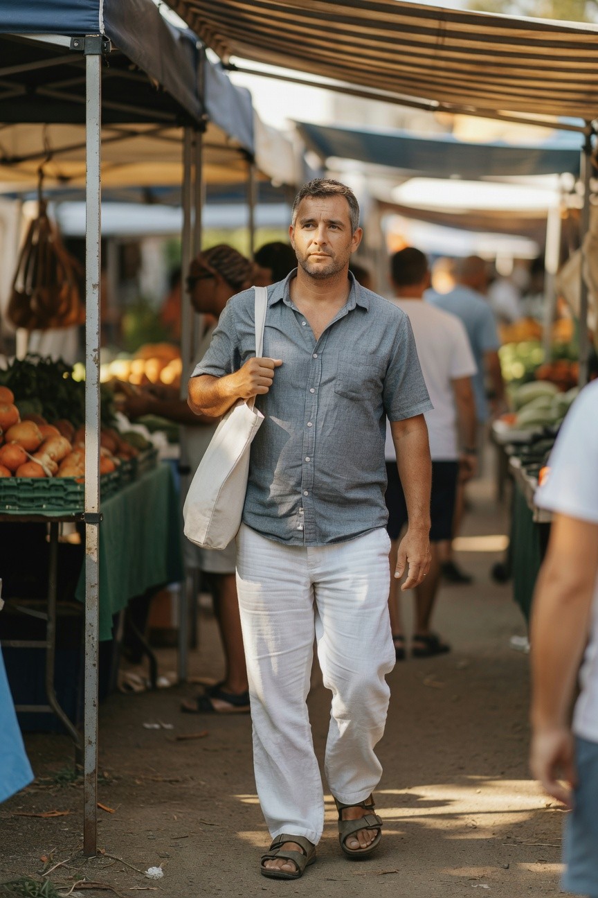 A man in light blue chambray shirt, white linen pants, and beige sandals carries a white tote bag through a bustling outdoor farmers market with colorful produce stalls and striped awnings under sunny skies.