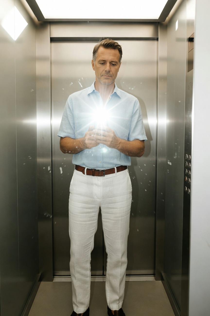 Middle-aged man in light blue short-sleeve button-up shirt, white linen pants, brown belt, and brown loafers stands in a modern elevator holding a glowing phone centered in frame
