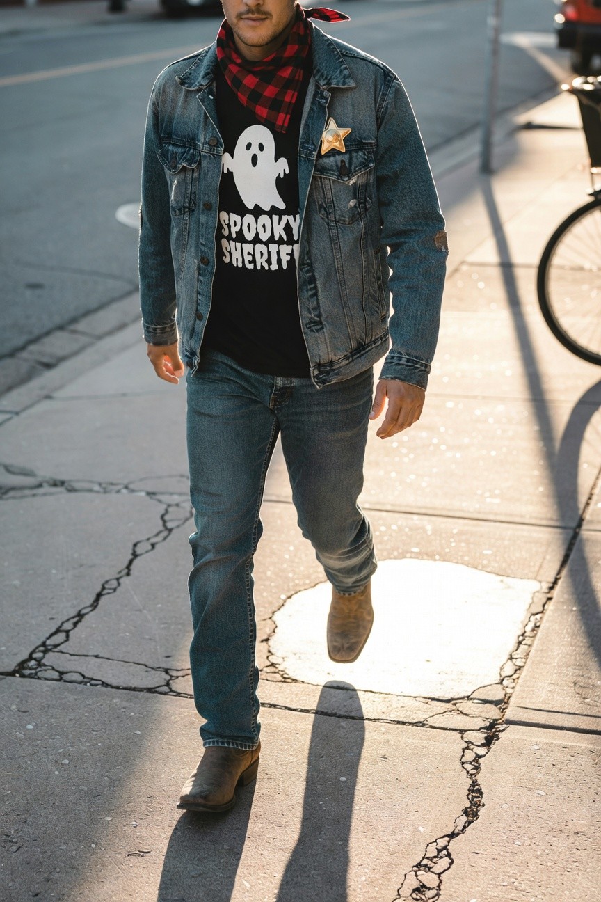 Man in faded light denim jacket over black Spooky Sheriff graphic t-shirt with ghost and star badge, red black plaid bandana at neck, blue straight-leg jeans, and tan cowboy boots, walking on cracked sidewalk