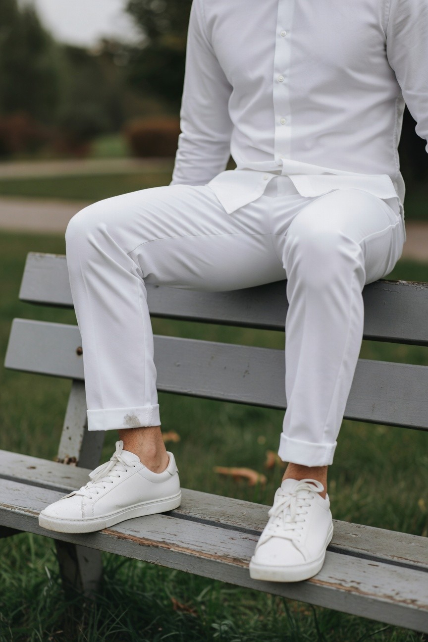 Man in all-white outfit—crisp button-up shirt, slim white track pants cuffed at ankles, white sneakers—sitting casually on a gray park bench surrounded by green grass and autumn foliage