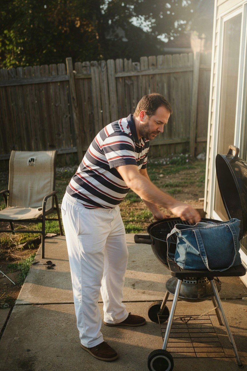 Man in white track pants, navy-red-white striped short-sleeve shirt, and brown slip-on shoes tends a charcoal grill in a backyard patio at dusk, holding a blue denim tote bag, wooden fence and lawn chair nearby