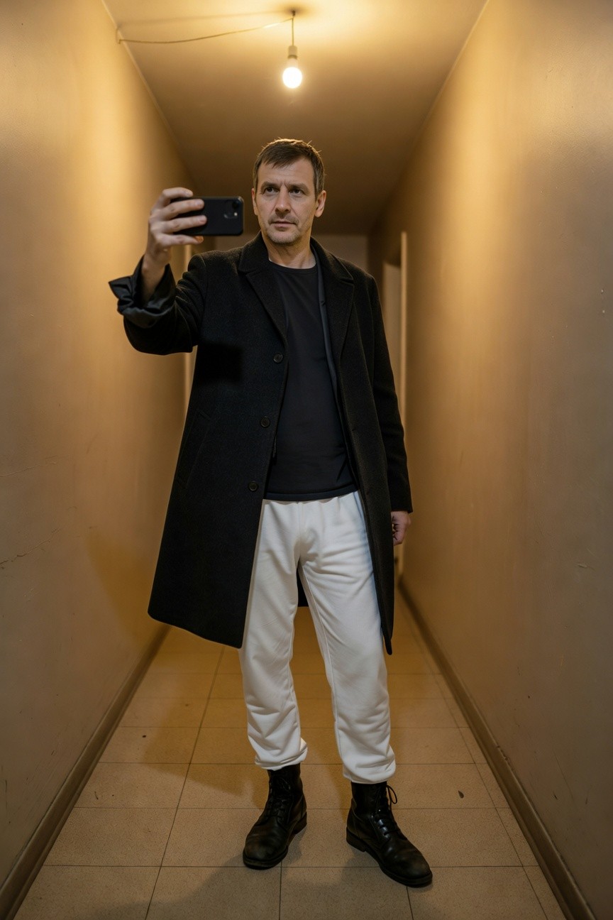 Middle-aged man taking a selfie in a narrow beige hallway under warm yellow light, wearing a long black wool overcoat over a black crewneck shirt, loose white track pants, and black combat boots, serious expression