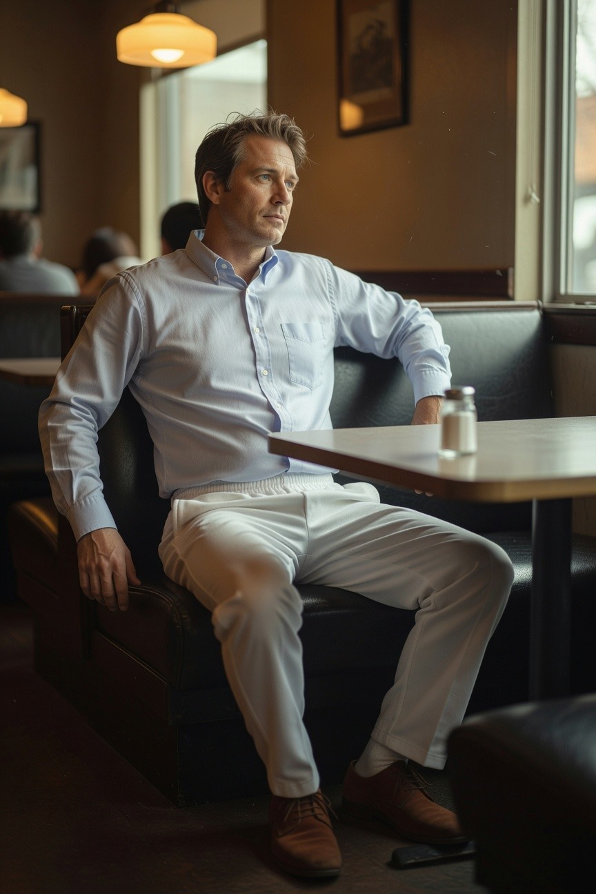 A man with light brown hair sits casually in a restaurant booth wearing a light blue button-up shirt with sleeves rolled, white slim track pants, and brown leather shoes, lit by warm pendant lights near a window.