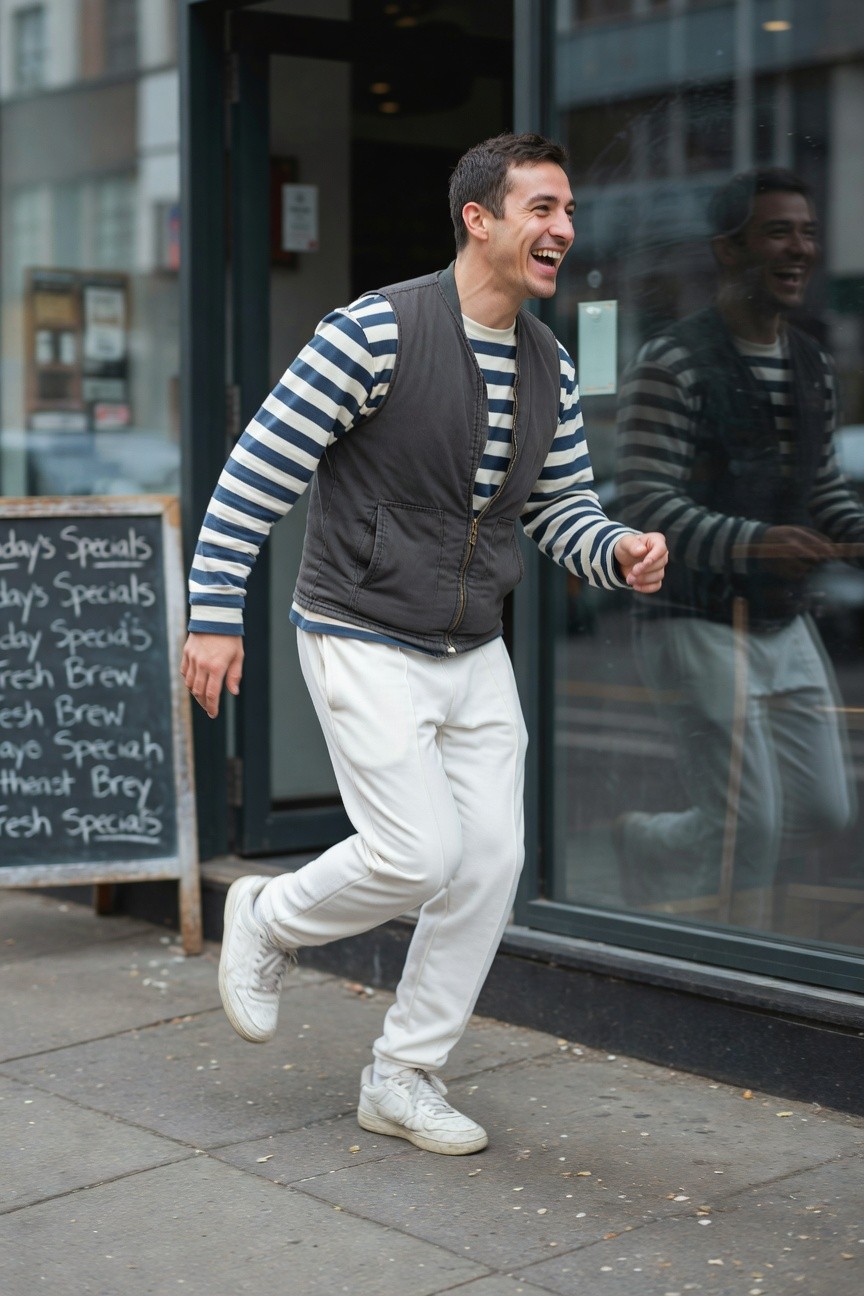 A man in a navy-and-white striped long-sleeve shirt under a navy gilet laughs while jogging in slim white track pants and white sneakers outside a cafe with a specials board.