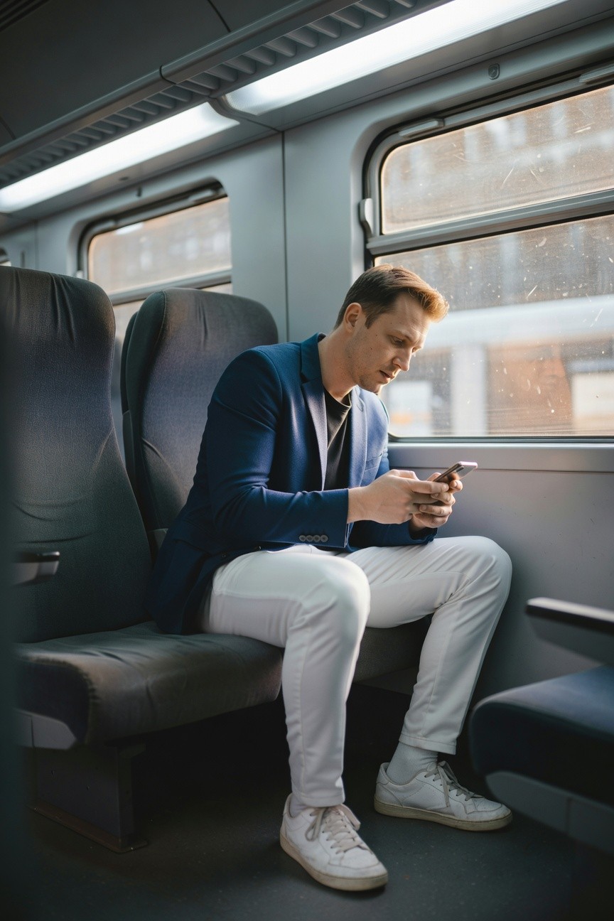 Man in navy blazer, white track pants, grey v-neck tee, and white sneakers sits on a train seat gazing at his phone out the rainy window, evoking refined commuter style