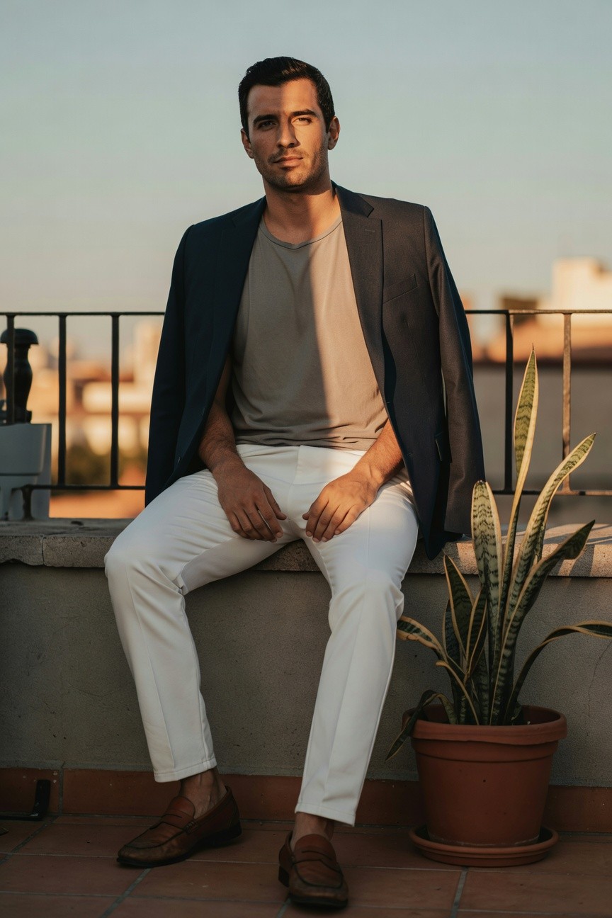 Handsome man with dark hair sits casually on a sunny balcony ledge wearing an open navy blazer over a light gray t-shirt, slim white track pants, and brown loafers, with a potted snake plant nearby against an urban sunset backdrop