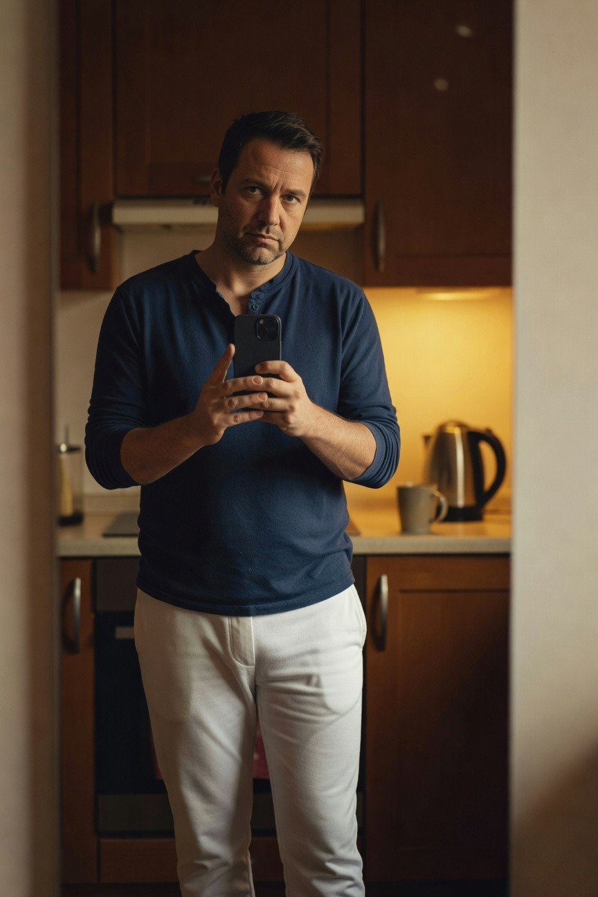 A man in a navy blue long-sleeve henley shirt and slim white track pants stands casually in a modern kitchen, holding his phone for a selfie with warm overhead lighting highlighting the outfit's clean lines.