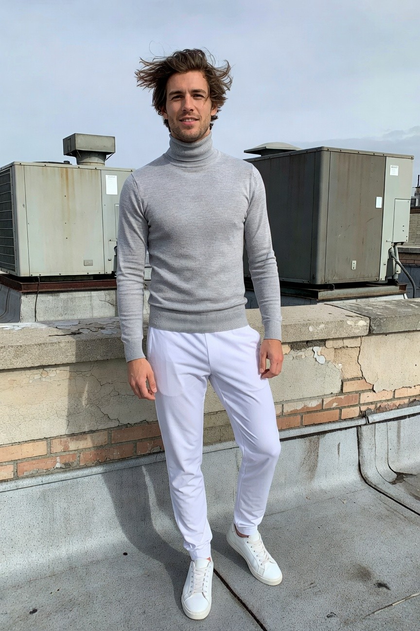 Handsome man with windswept brown hair leaning casually on a rooftop ledge, wearing a fitted light grey turtleneck sweater, matching slim white track pants, and crisp white sneakers, against a backdrop of industrial air conditioning units and cloudy sky