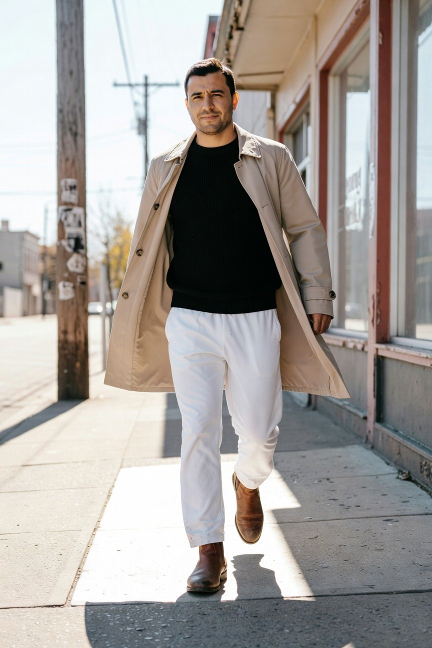 Man in beige trench coat over black sweater, white wide-leg track pants, and brown leather boots walking on sunny urban sidewalk