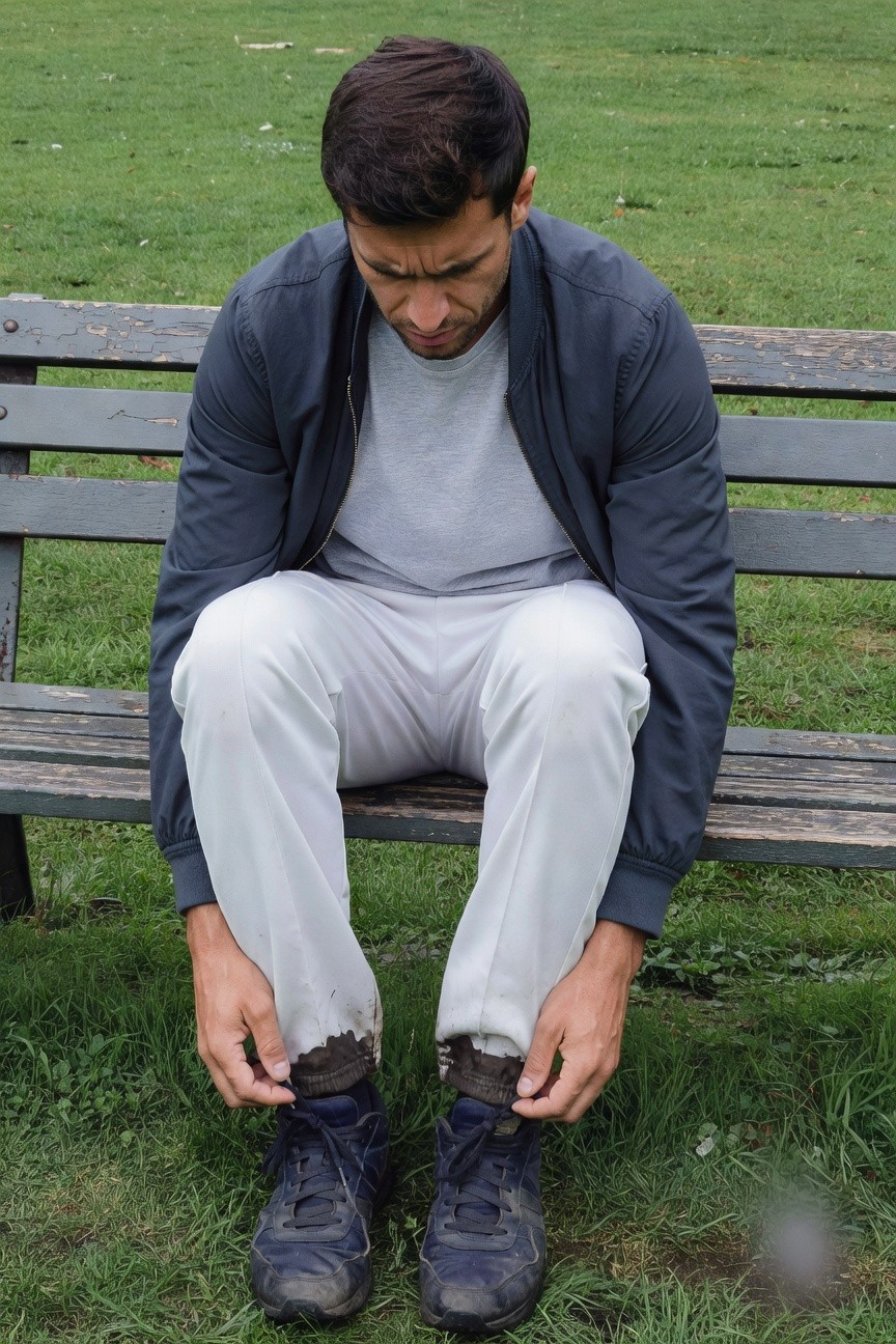 A man sits on a wooden park bench surrounded by green grass, wearing a navy blue bomber jacket over a grey t-shirt, white track pants, and navy sneakers with mud on them; he looks down while adjusting his shoe laces