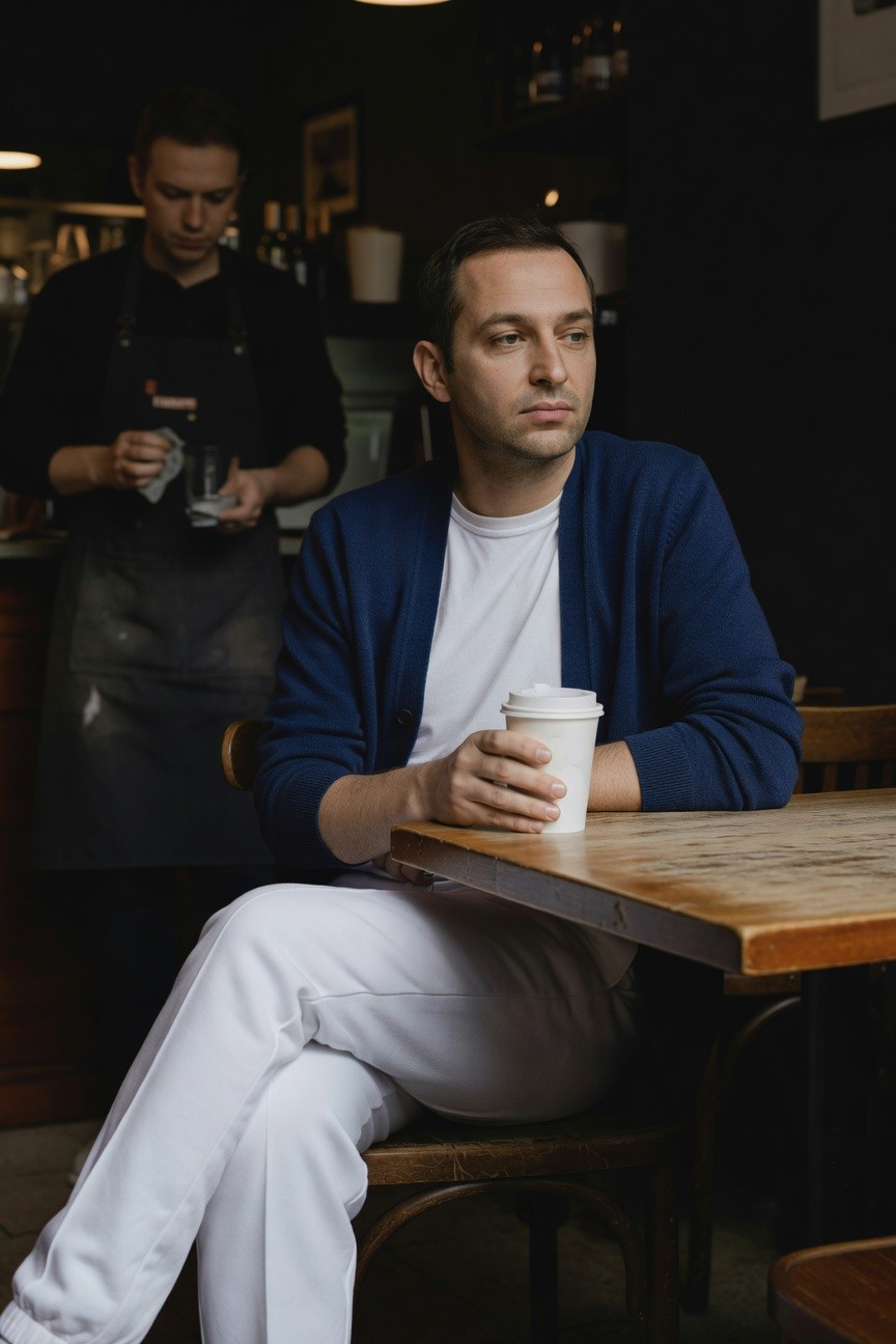 Man in his 30s sits casually at a wooden cafe table holding a white to-go coffee cup, dressed in white track pants, white t-shirt, open blue cardigan, and sneakers; barista works in the background amid dim lighting and shelves of bottles