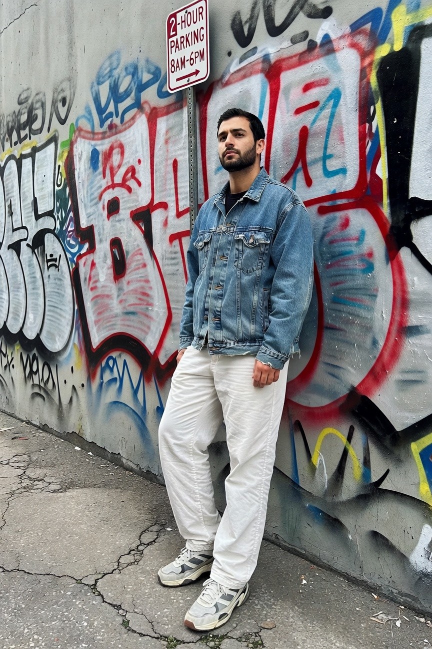 Bearded man in open light blue denim jacket, loose white track pants, and white sneakers with green accents leans casually against graffiti-covered concrete wall near 2-hour parking sign